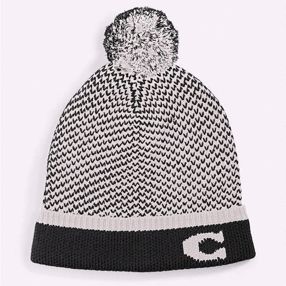 Coach Color-Block Knit Pom Pom Beanie Hat Black, NWT